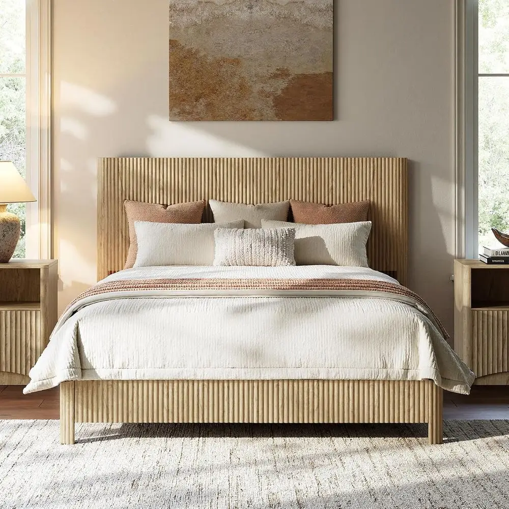 Oak Queen Bed with Slatted Platform, Boho Wooden Base, No Box Spring Required, Wavy Panel Design
Oak Queen Bed with Slatted Platform, Boho Wooden Base, No Box Spring Required, Wavy Panel Design