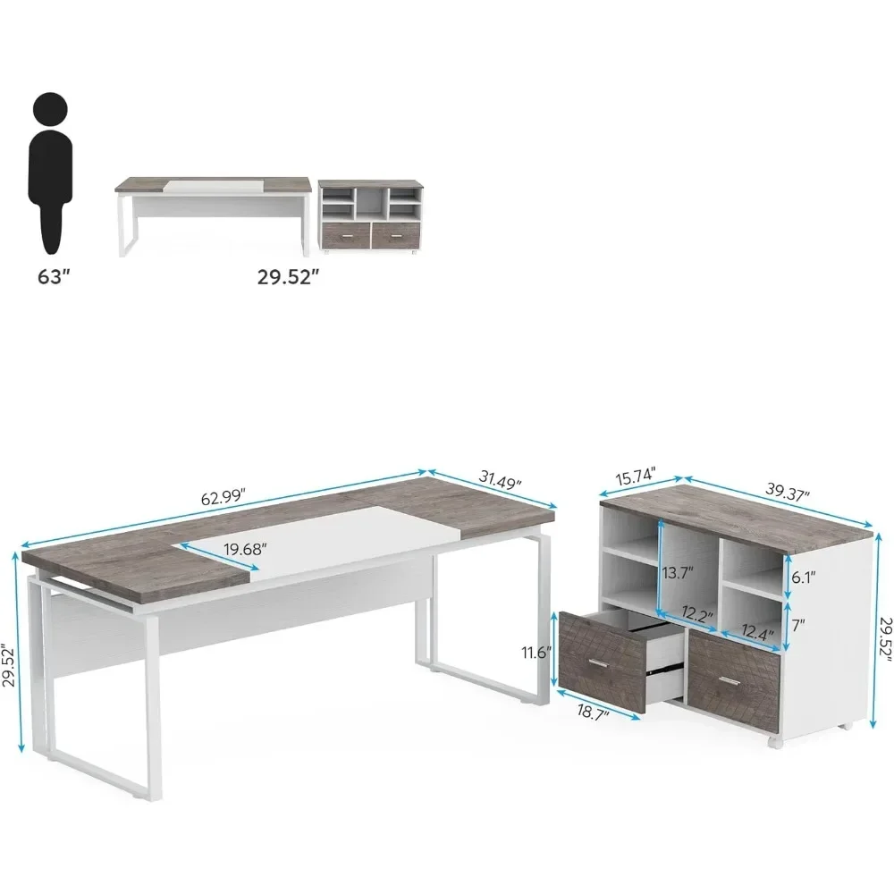 L-Shaped Executive Desk with Reversible File Cabinet, 63" Desk with Storage Drawers, Computer Desk with Drawer Cabinet
L-Shaped Executive Desk with Reversible File Cabinet, 63" Desk with Storage Drawers, Computer Desk with Drawer Cabinet