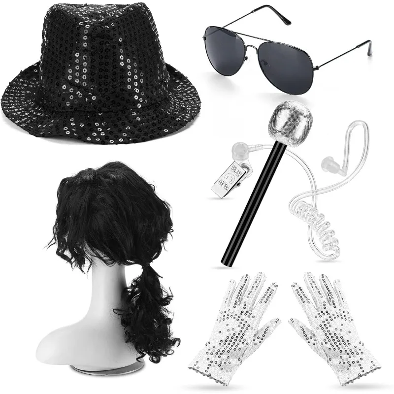 6PCS Halloween Pop Costume Dance Star Costume Long Curly Wig Black Hat Sequin Glove Sunglasses Earpiece Microphone for Pop Stage
6PCS Halloween Pop Costume Dance Star Costume Long Curly Wig Black Hat Sequin Glove Sunglasses Earpiece Microphone for Pop Stage