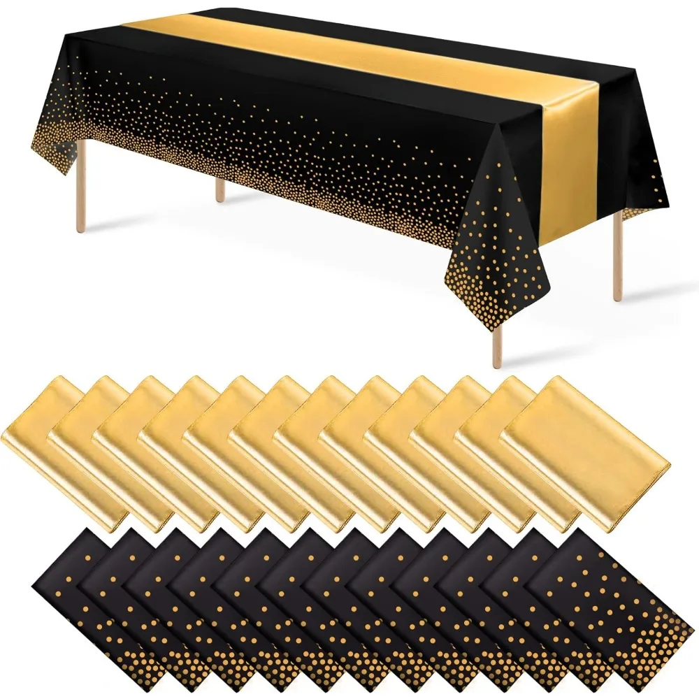 24Pack Disposable Plastic Tablecloths and Satin Table Runner Set Black Gold Dot Table Cloth Gold Satin Table Runner for Graduati
24Pack Disposable Plastic Tablecloths and Satin Table Runner Set Black Gold Dot Table Cloth Gold Satin Table Runner for Graduati