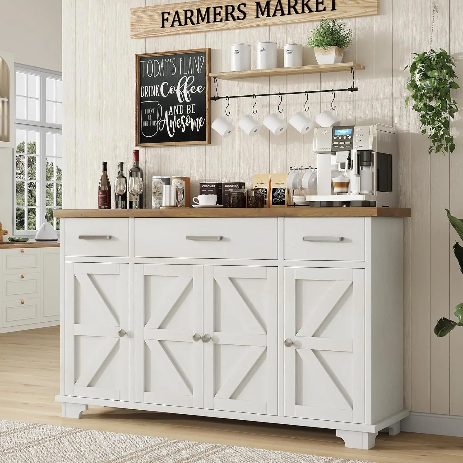 55 Inch Buffet Cabinet with 3 Drawers and 4 Barn Doors, Sideboard Coffee Bar for Kitchen, Farmhouse Coffee Bar with Storage, Whi
55 Inch Buffet Cabinet with 3 Drawers and 4 Barn Doors, Sideboard Coffee Bar for Kitchen, Farmhouse Coffee Bar with Storage, Whi