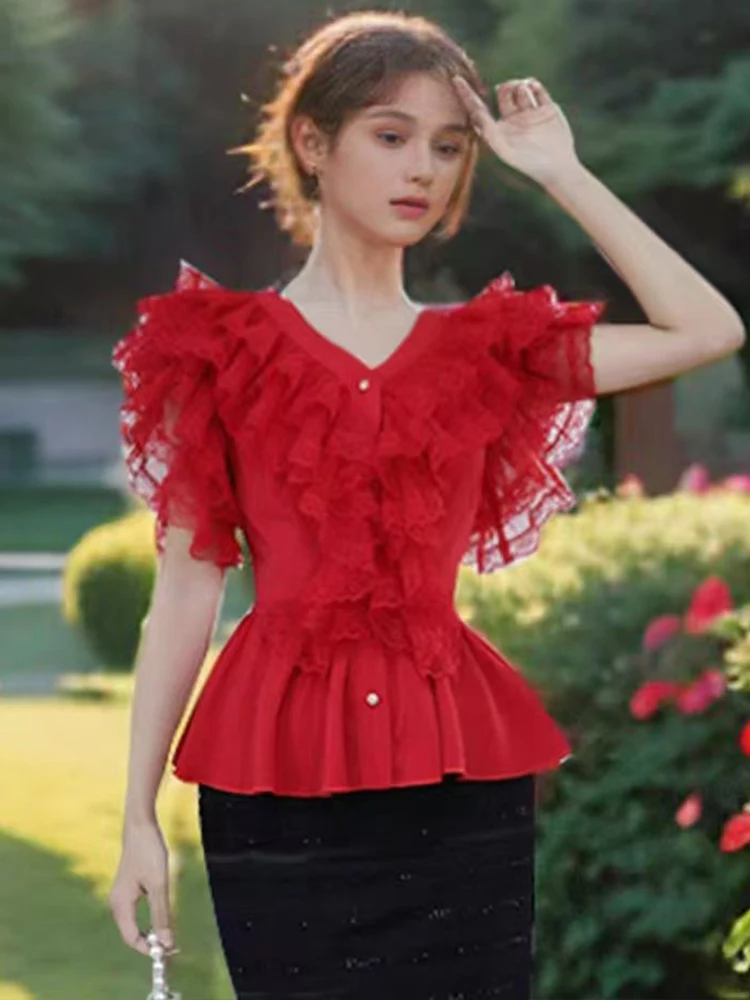 Heavy-duty ruffled lace V-neck shirt 2025 summer new design sense niche slim temperament short-sleeved blouse
Heavy-duty ruffled lace V-neck shirt 2025 summer new design sense niche slim temperament short-sleeved blouse