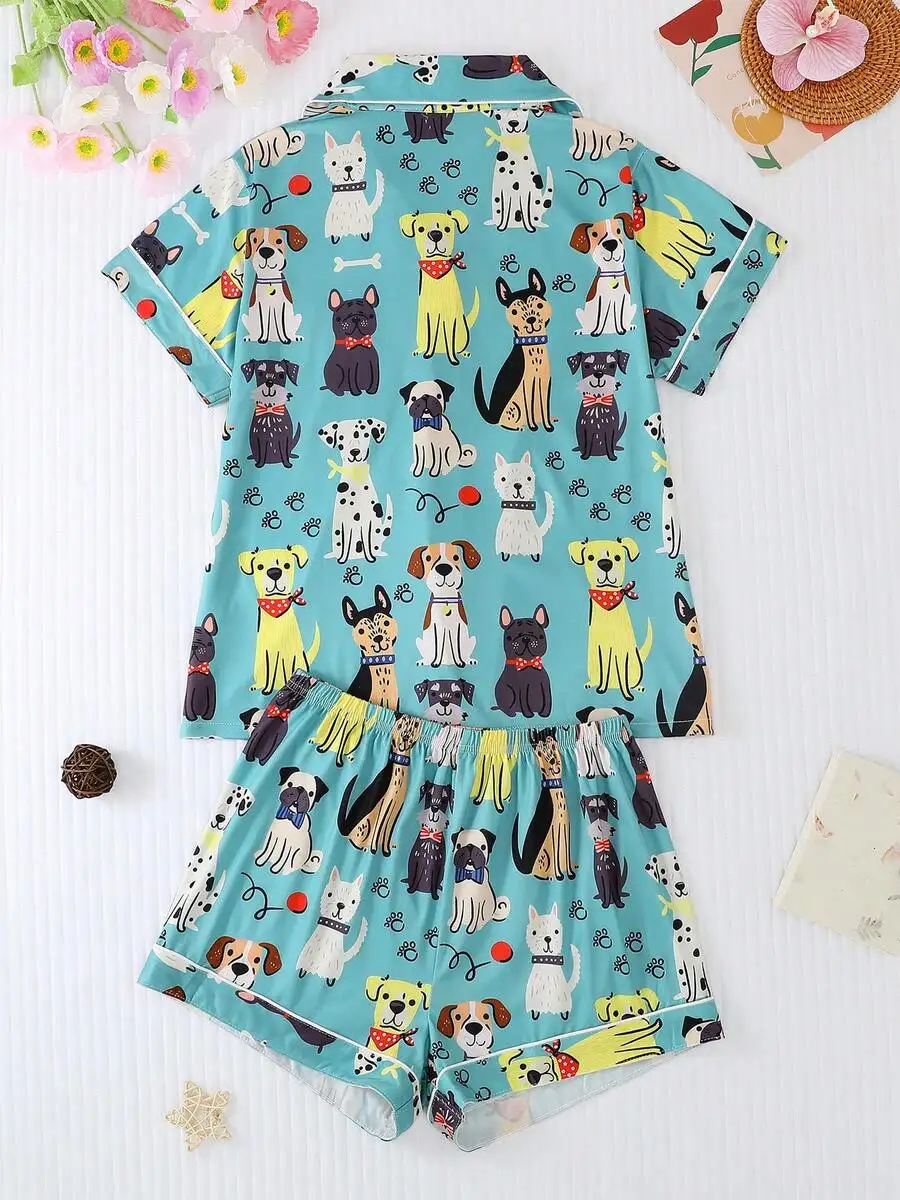 Women Summer Short Sleeve Pajama Set Collared Button Shirt Elastic Waist Shorts Cartoon Puppy Print Loungewear
Women Summer Short Sleeve Pajama Set Collared Button Shirt Elastic Waist Shorts Cartoon Puppy Print Loungewear
