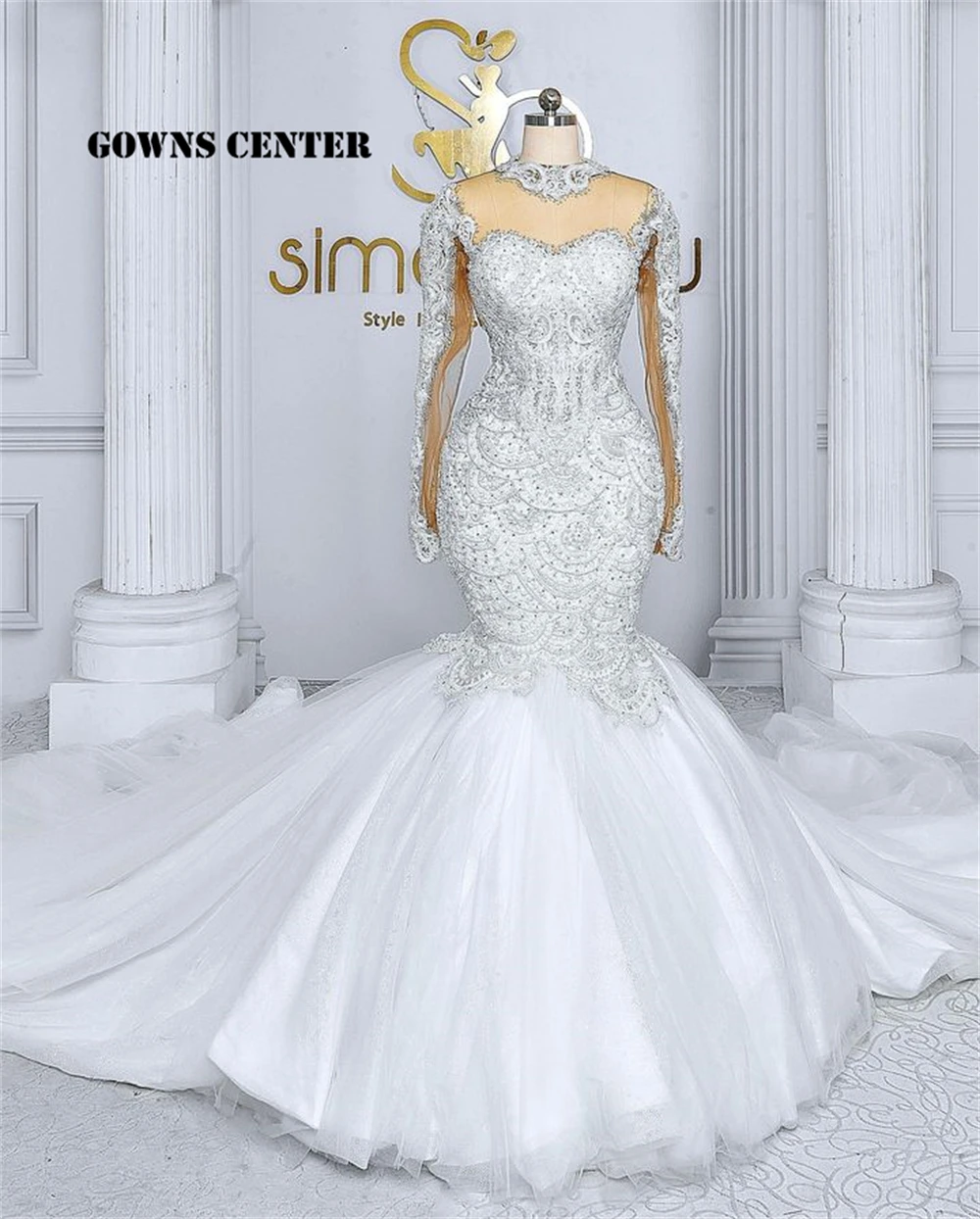 Luxurious White Beads Long Sleeve Aso Ebi Wedding Dress High Quality Tulle Long Train Mermaid Luxury Dress Formal Customized
Luxurious White Beads Long Sleeve Aso Ebi Wedding Dress High Quality Tulle Long Train Mermaid Luxury Dress Formal Customized