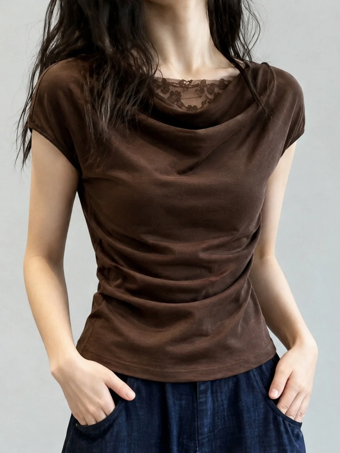 Elegant Lace Splice Short Sleeve T-Shirt Design Summer Slimming Style Korean Version Straight Cut Pure Color Korean Fashion
Elegant Lace Splice Short Sleeve T-Shirt Design Summer Slimming Style Korean Version Straight Cut Pure Color Korean Fashion