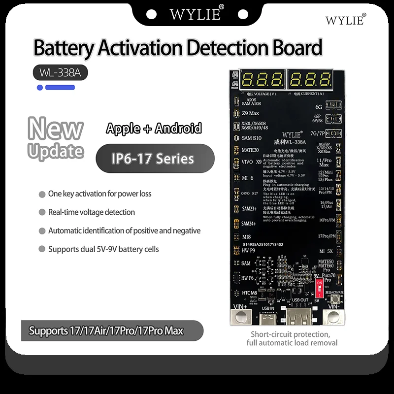 WYLIE Battery Activation Fast Charge Detection Board for IPhone 6-17 & Android, 5V-9V Adjustable Current Voltage Detection Tool
WYLIE Battery Activation Fast Charge Detection Board for IPhone 6-17 & Android, 5V-9V Adjustable Current Voltage Detection Tool