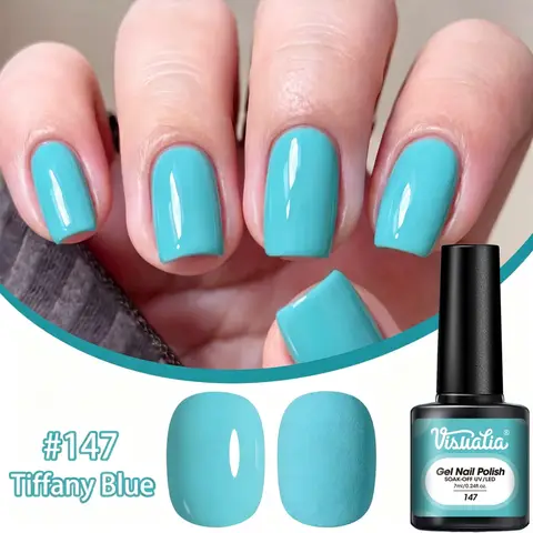 Visuatia 7ml # 147 Tiffany Blue Nail Gel, UVLED removable phototherapy gel. Bright and clean mint blue, soak-off nail polish remover, the nail surface is shiny after curing, suitable for those seeking personalized nail art, the first choice for nail art enthusiasts