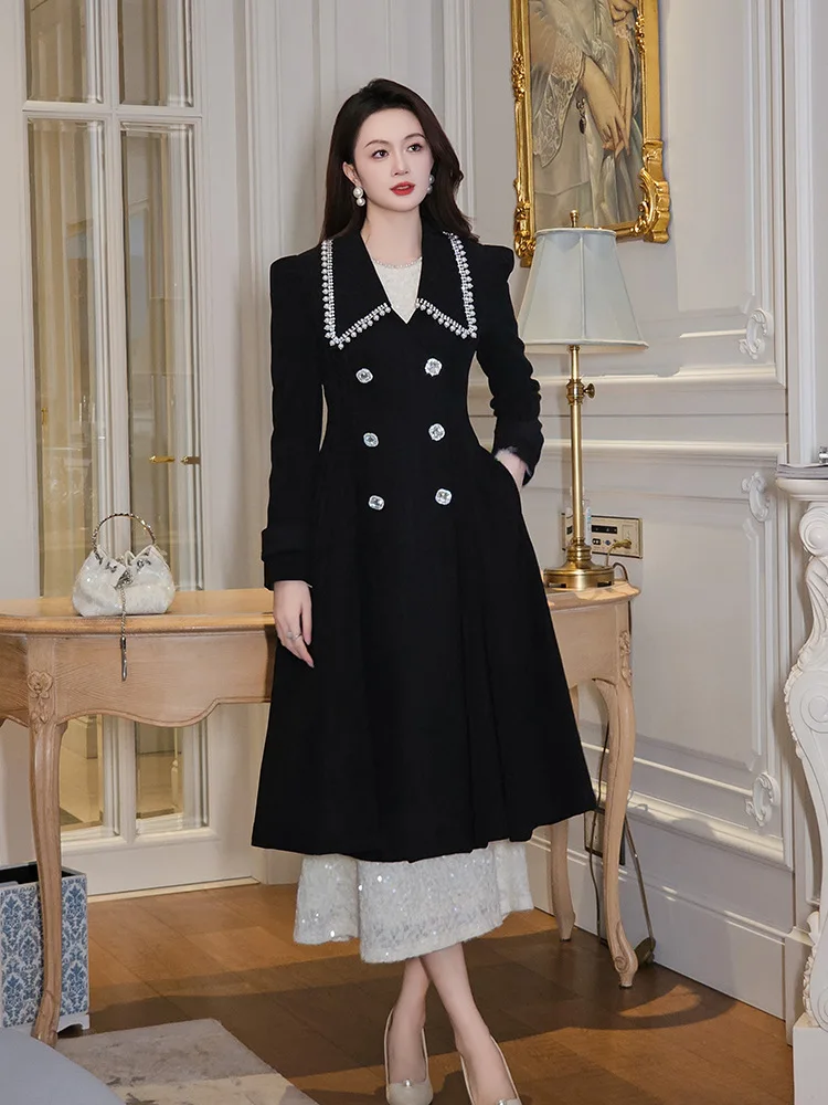 Spring New Style French Style Formal Occasion Black Long Double-Breasted Waisted Woolen Jacket
Spring New Style French Style Formal Occasion Black Long Double-Breasted Waisted Woolen Jacket