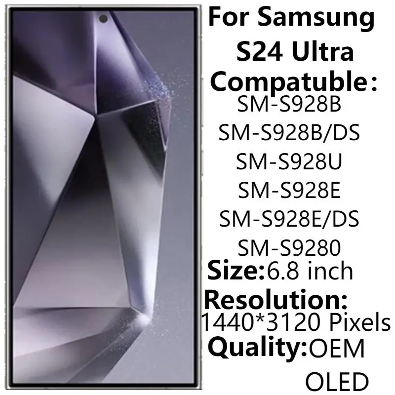 ЖК-дисплей AMOLED 6,8 дюйма с рамкой для Samsung S24 Ultra S928B, оригинальный сенсорный экран с дигитайзером в сборе, запасные части для ремонта
ЖК-дисплей AMOLED 6,8 дюйма с рамкой для Samsung S24 Ultra S928B, оригинальный сенсорный экран с дигитайзером в сборе, запасные части для ремонта
