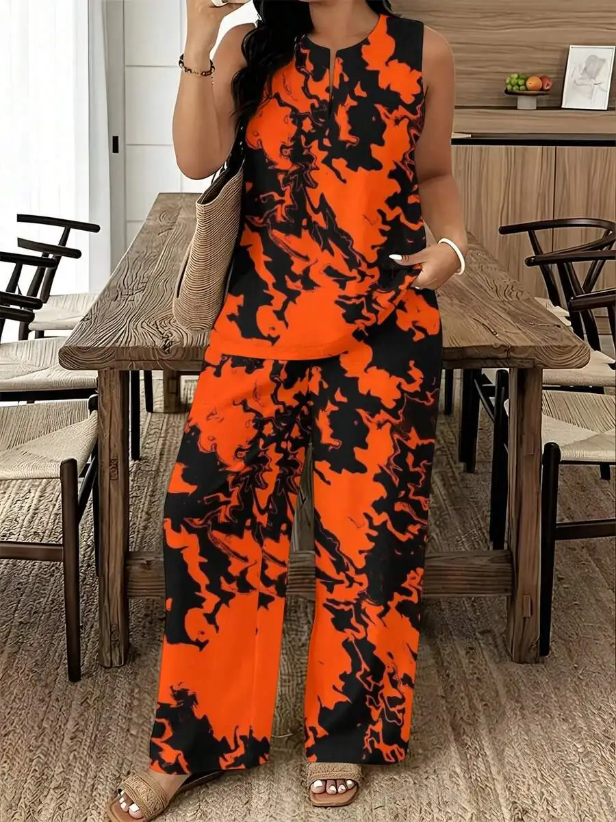 2PCS Women Casual Sleeveless Top And Wide Leg Pants Orange Black Abstract Print
2PCS Women Casual Sleeveless Top And Wide Leg Pants Orange Black Abstract Print
