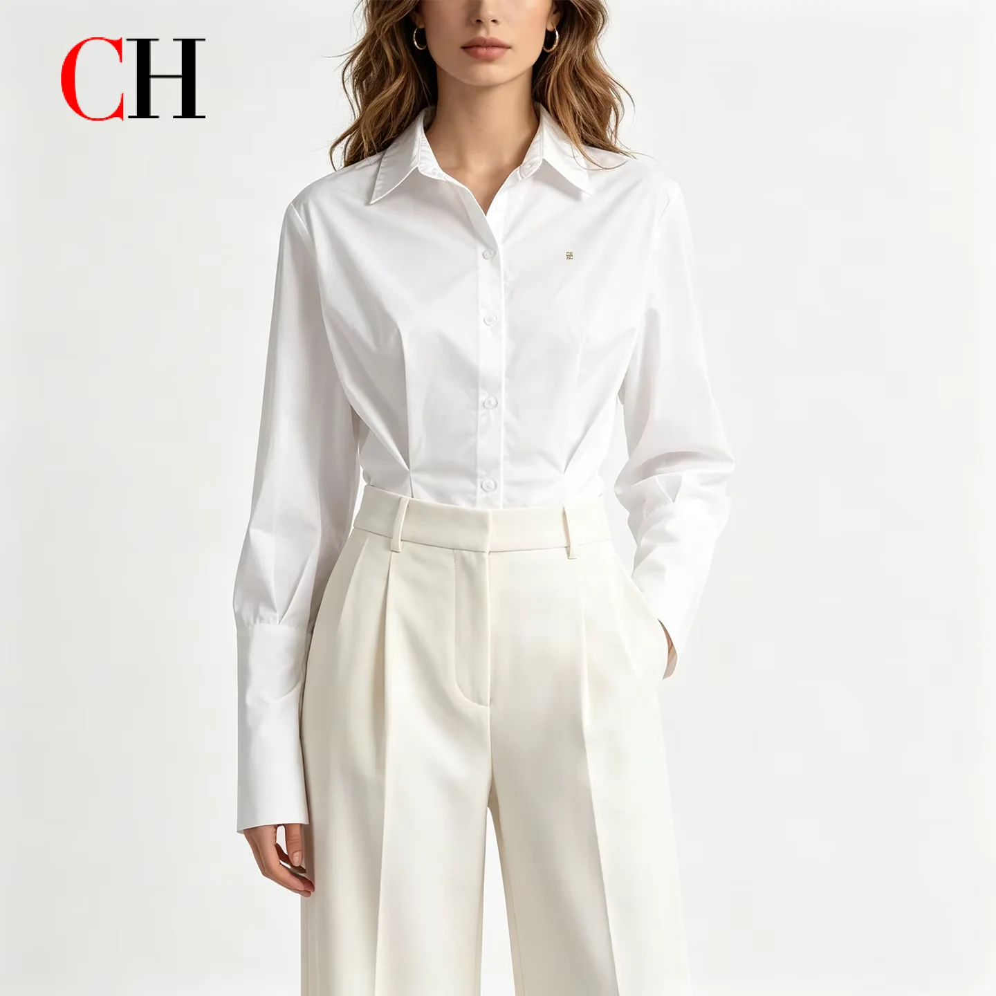 CH Metal Logo Long Sleeve Shirt Women Point Collar Waist Cinched Irregular Hem Minimalist Chic Versatile Casual Tops
CH Metal Logo Long Sleeve Shirt Women Point Collar Waist Cinched Irregular Hem Minimalist Chic Versatile Casual Tops