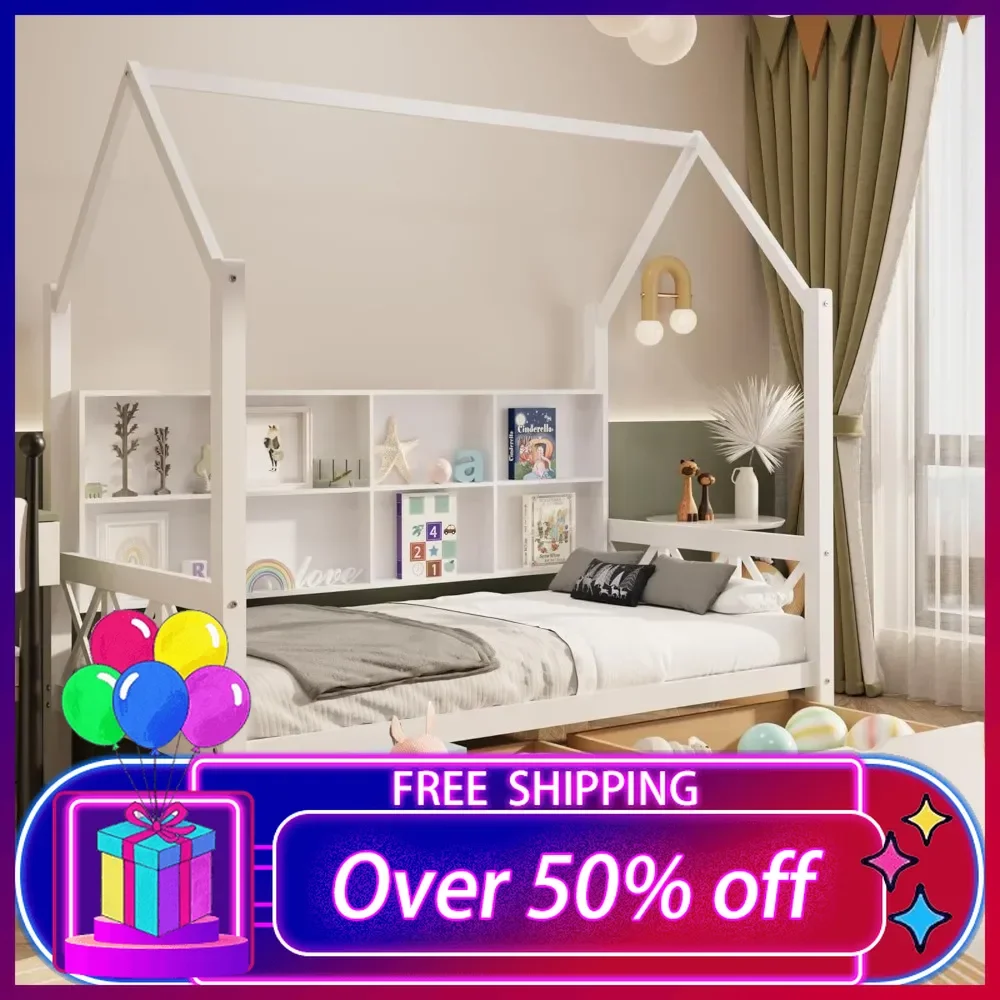 Wooden Twin House Bed with Roof and 2 Stoarge Drawers for Kids, with Storage Shelves Guardrails and Wood Slats for Boys Girl
Wooden Twin House Bed with Roof and 2 Stoarge Drawers for Kids, with Storage Shelves Guardrails and Wood Slats for Boys Girl