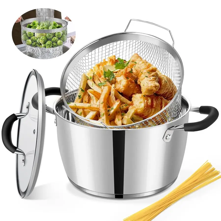 6 Quart Stainless Steel Stockpot with Deep Fryer Basket, Stainless Steel Pot with Lid, 6QT Large Stock Pot, Induction Ready, Com
6 Quart Stainless Steel Stockpot with Deep Fryer Basket, Stainless Steel Pot with Lid, 6QT Large Stock Pot, Induction Ready, Com