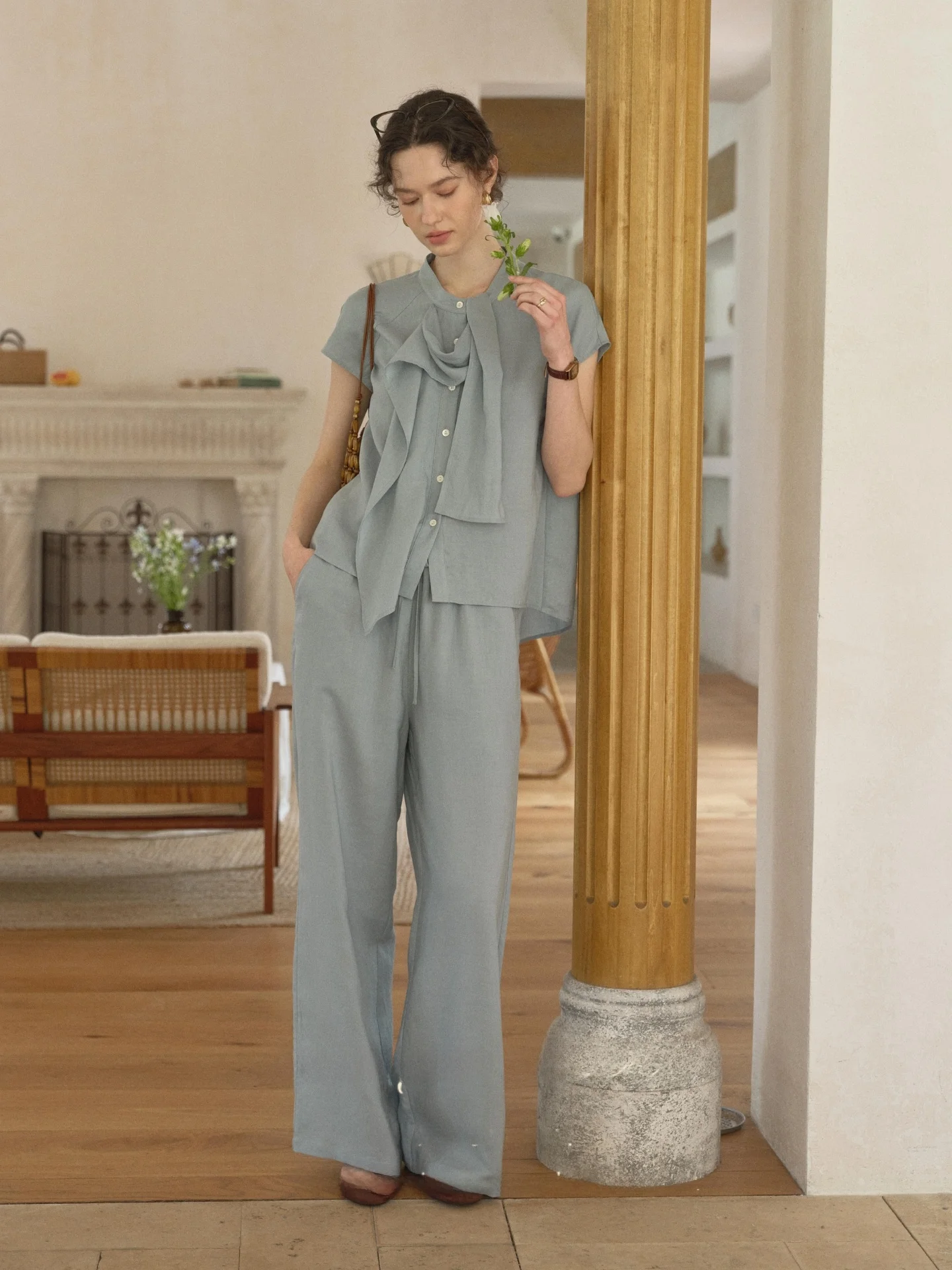 SimpleRetro Mist Blue Poetic Silk Design Sensation Sash Shirt Straight Leg Casual Pants Commute Set Women's Fashion
SimpleRetro Mist Blue Poetic Silk Design Sensation Sash Shirt Straight Leg Casual Pants Commute Set Women's Fashion