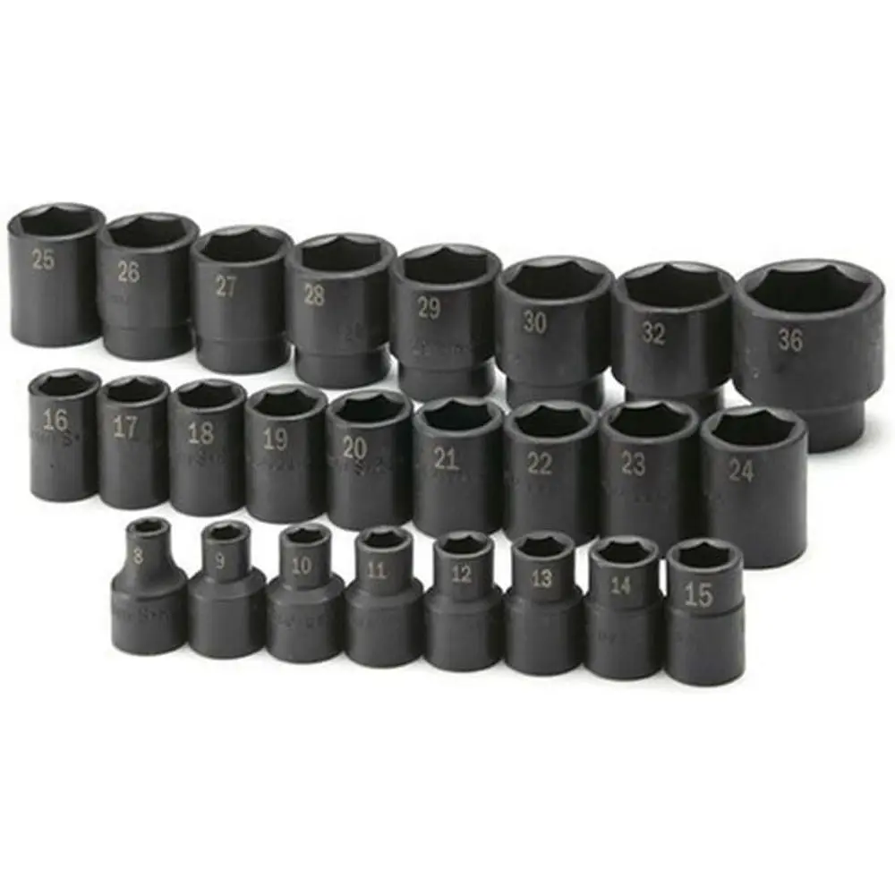 25 Piece 6 Point Metric Impact Socket Set, 8MM to 36MM, 1/2 Drive
25 Piece 6 Point Metric Impact Socket Set, 8MM to 36MM, 1/2 Drive