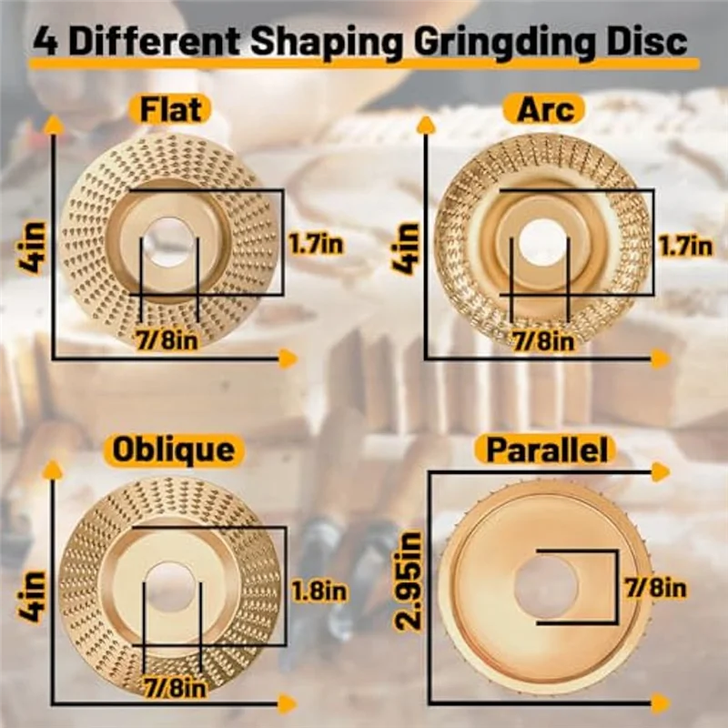 F-T 4 PCS Angle Grinder Wood Carving Disc Set Gold Carbon Steel For 4In Or 4 1/2In Attachment, For Woodworking
F-T 4 PCS Angle Grinder Wood Carving Disc Set Gold Carbon Steel For 4In Or 4 1/2In Attachment, For Woodworking