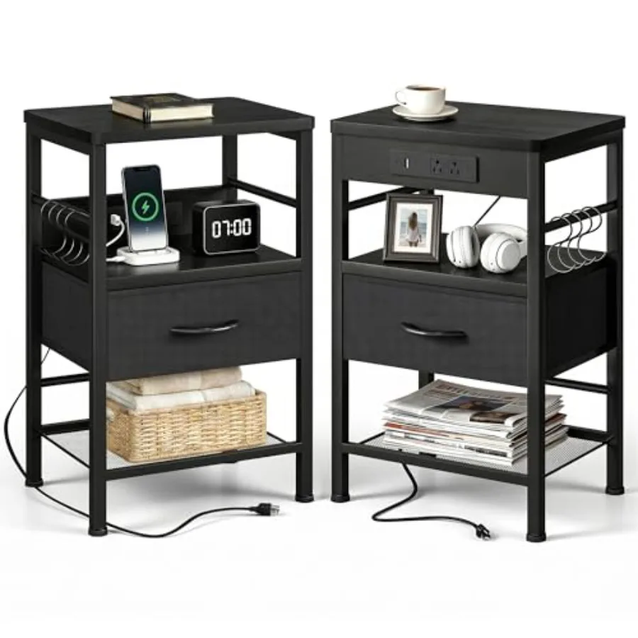Nightstands Set of 2 Black Bedside Tables with Charging Station Open Shelf Hooks USB-C/USB-A Ports + AC Outlets Fabric Drawer M
Nightstands Set of 2 Black Bedside Tables with Charging Station Open Shelf Hooks USB-C/USB-A Ports + AC Outlets Fabric Drawer M