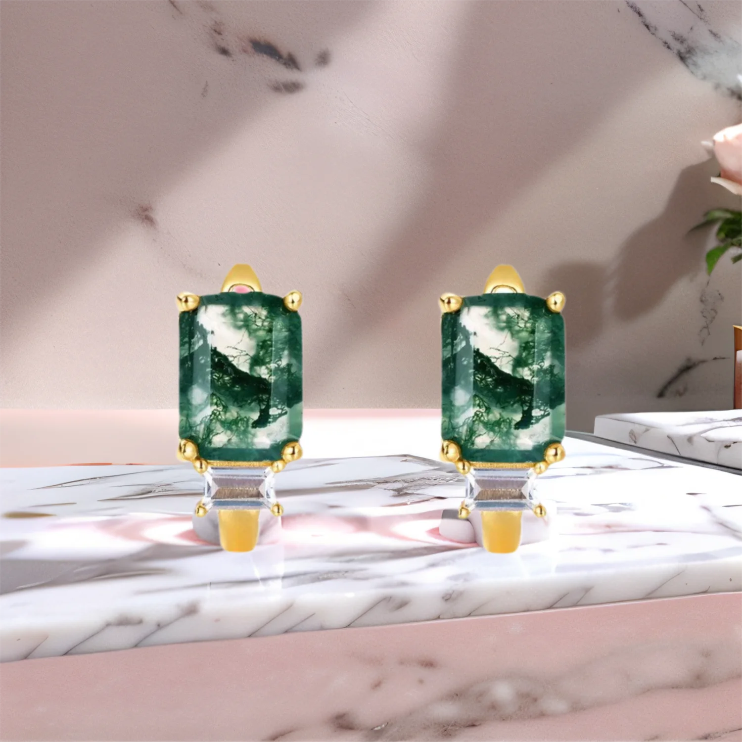 Hook Clasp Earrings Gold Plating Emerald Cut Moss Agate Earrings Studs for Ladies Wedding Gift
Hook Clasp Earrings Gold Plating Emerald Cut Moss Agate Earrings Studs for Ladies Wedding Gift