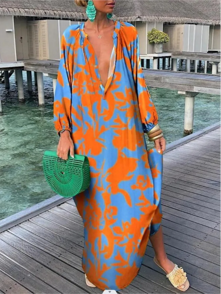 Elegant V-neck Long-sleeved Dress For Women Fashionable Spring Summer Ethnic Style Printing Loose Casual Holiday Dresses Female
Elegant V-neck Long-sleeved Dress For Women Fashionable Spring Summer Ethnic Style Printing Loose Casual Holiday Dresses Female