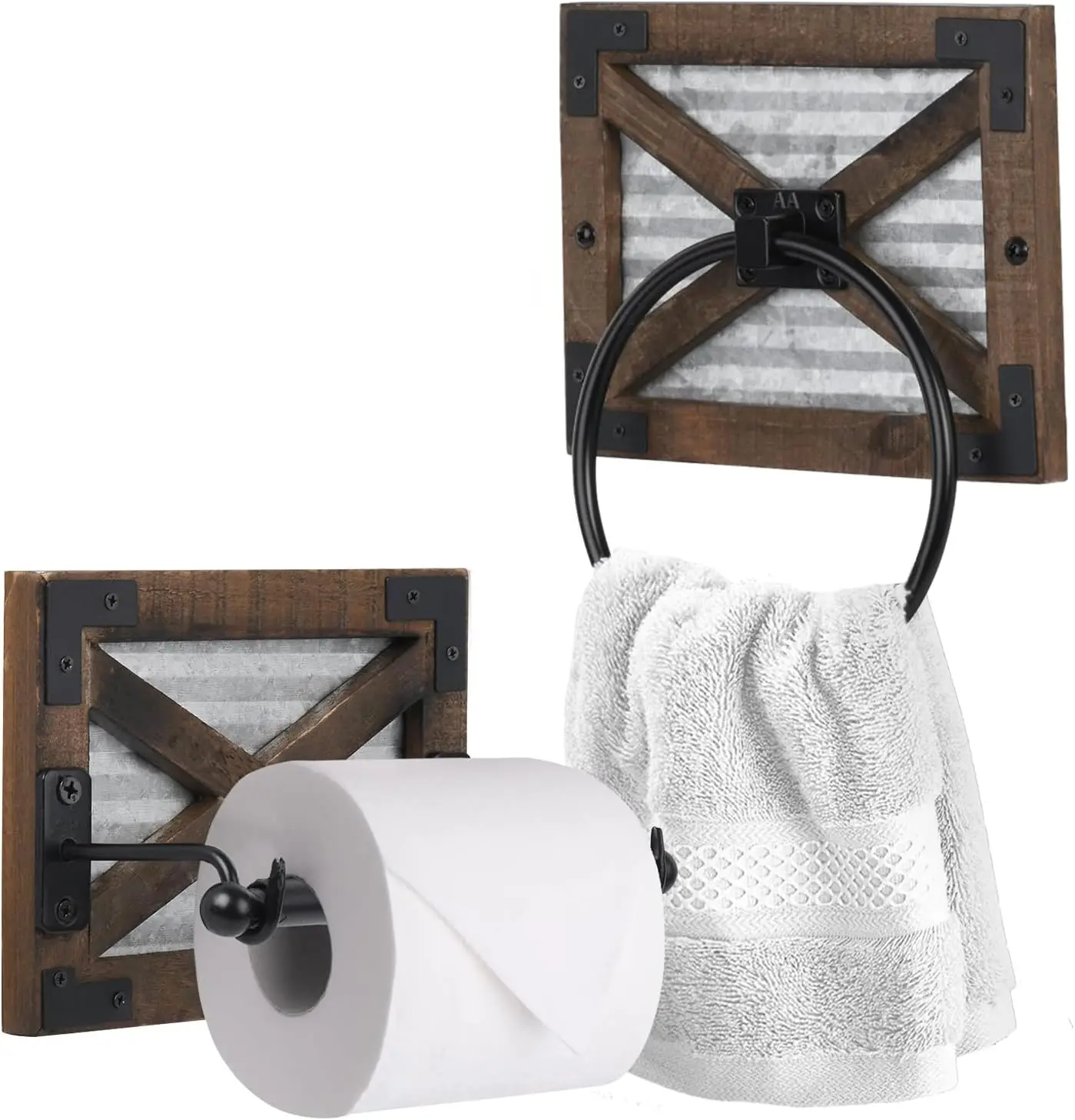 Rustic Farmhouse Toilet Paper Holder and Towel Ring Set - Wall Mount Wooden Bathroom Accessories with Black Metal Hardware for
Rustic Farmhouse Toilet Paper Holder and Towel Ring Set - Wall Mount Wooden Bathroom Accessories with Black Metal Hardware for