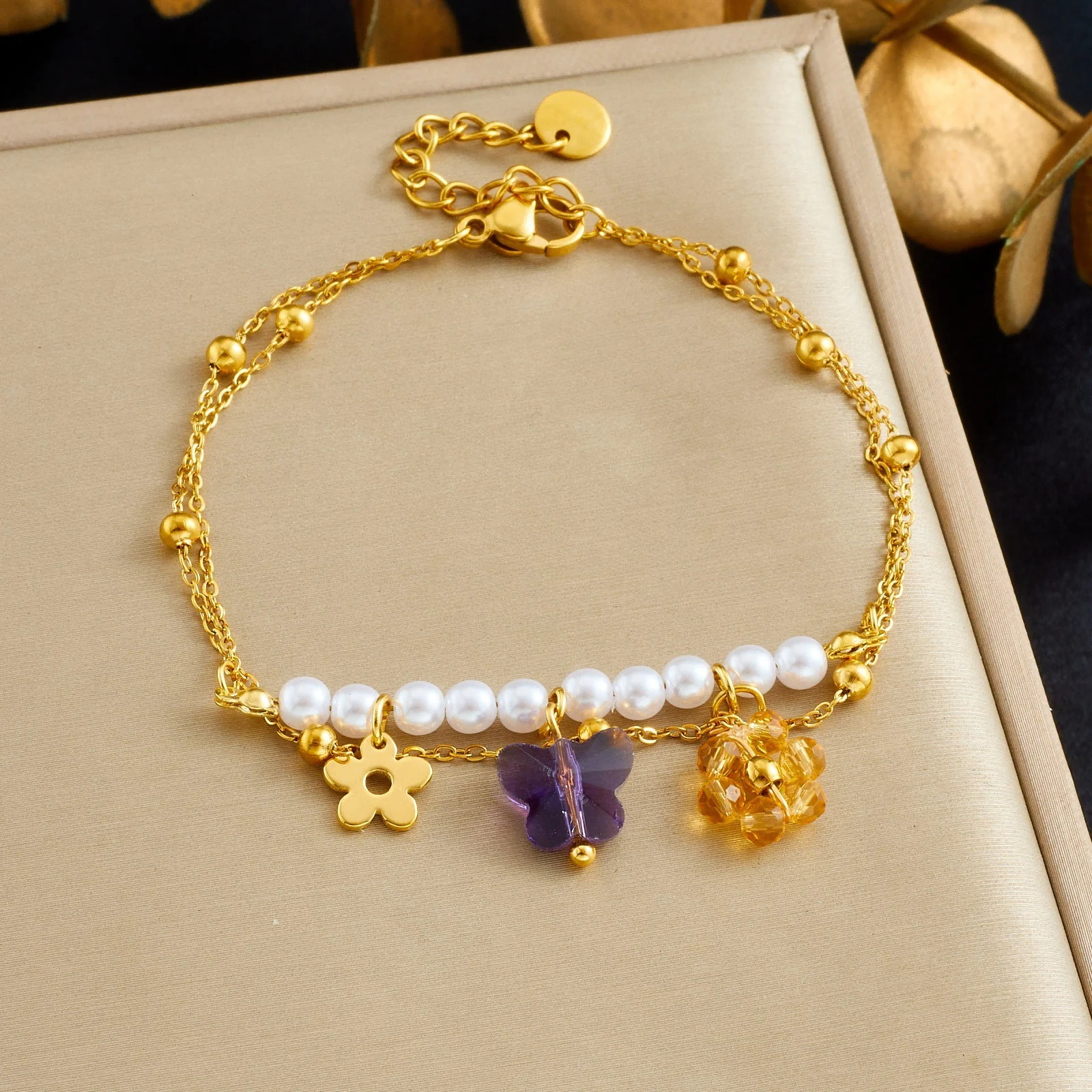 18K Gold Crystal Butterfly Flower Charm Bracelet 316L Stainless Steel Imitation Pearl Double Chain Adjustable Women Cute Jewelry
18K Gold Crystal Butterfly Flower Charm Bracelet 316L Stainless Steel Imitation Pearl Double Chain Adjustable Women Cute Jewelry