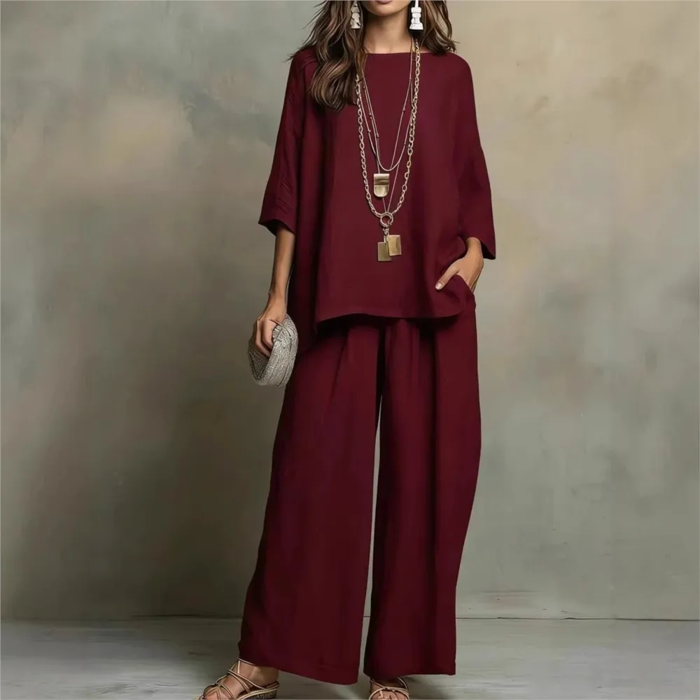 Fashion Cotton Linen Blended 7quarter Sleeve O Neck Top And Trousers 2piece Set Women Loose Wide-leg Pocket Trousers Female Suit
Fashion Cotton Linen Blended 7quarter Sleeve O Neck Top And Trousers 2piece Set Women Loose Wide-leg Pocket Trousers Female Suit