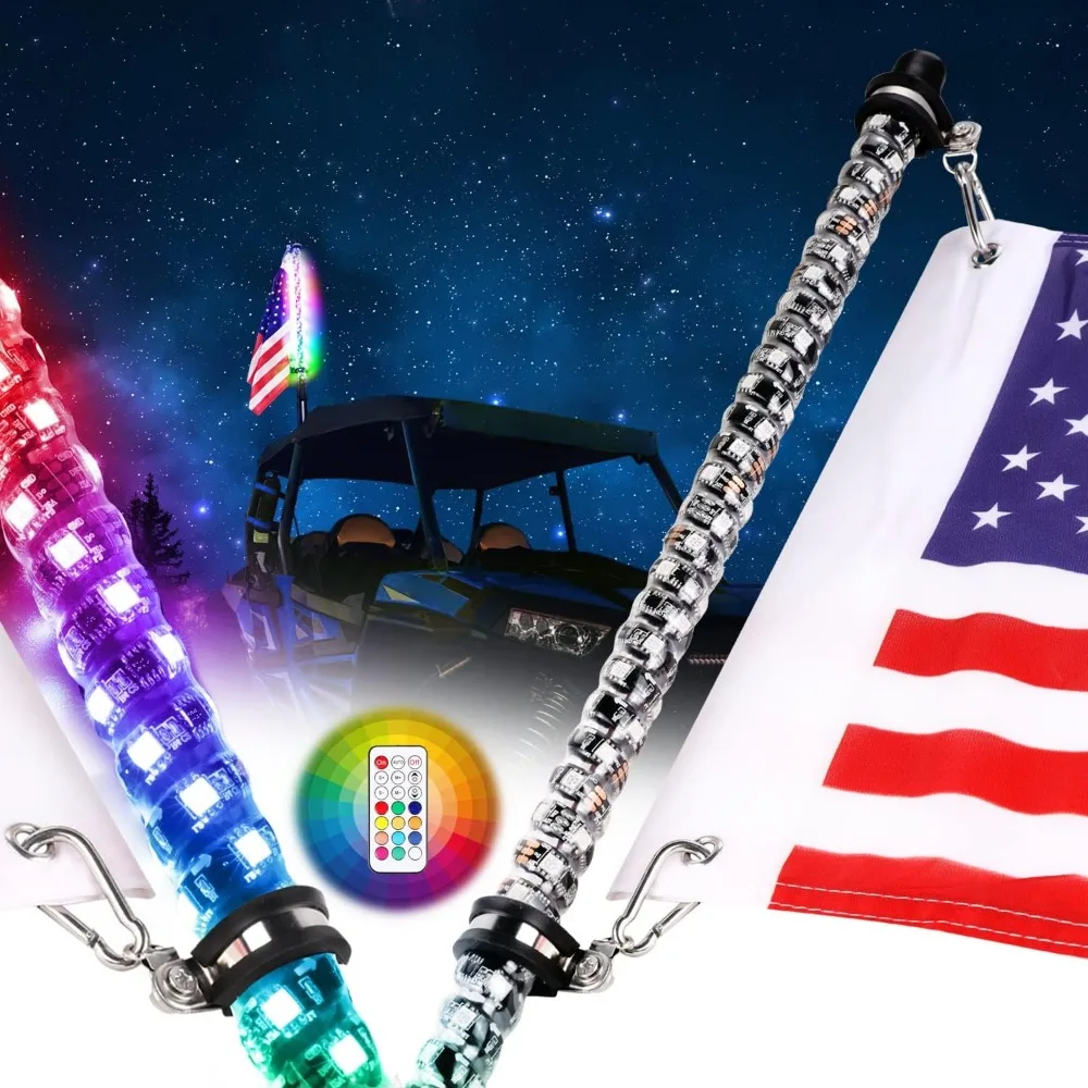 Two Foot RGB Spiral Chase LED Whip Light with Flag and Remote for Offroad UTV ATV Buggy Truck Golf Cart
Two Foot RGB Spiral Chase LED Whip Light with Flag and Remote for Offroad UTV ATV Buggy Truck Golf Cart