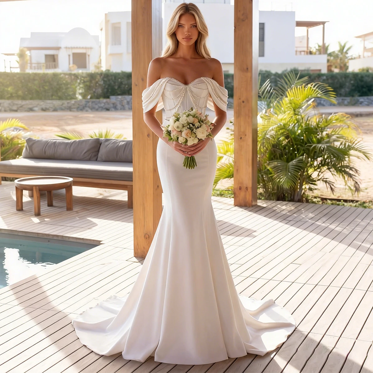Classic Vestidos Novia Off Shoulder Pearl Wedding Dresses For Bride Beaded Mermaid Bridal Party Gown With Train
Classic Vestidos Novia Off Shoulder Pearl Wedding Dresses For Bride Beaded Mermaid Bridal Party Gown With Train