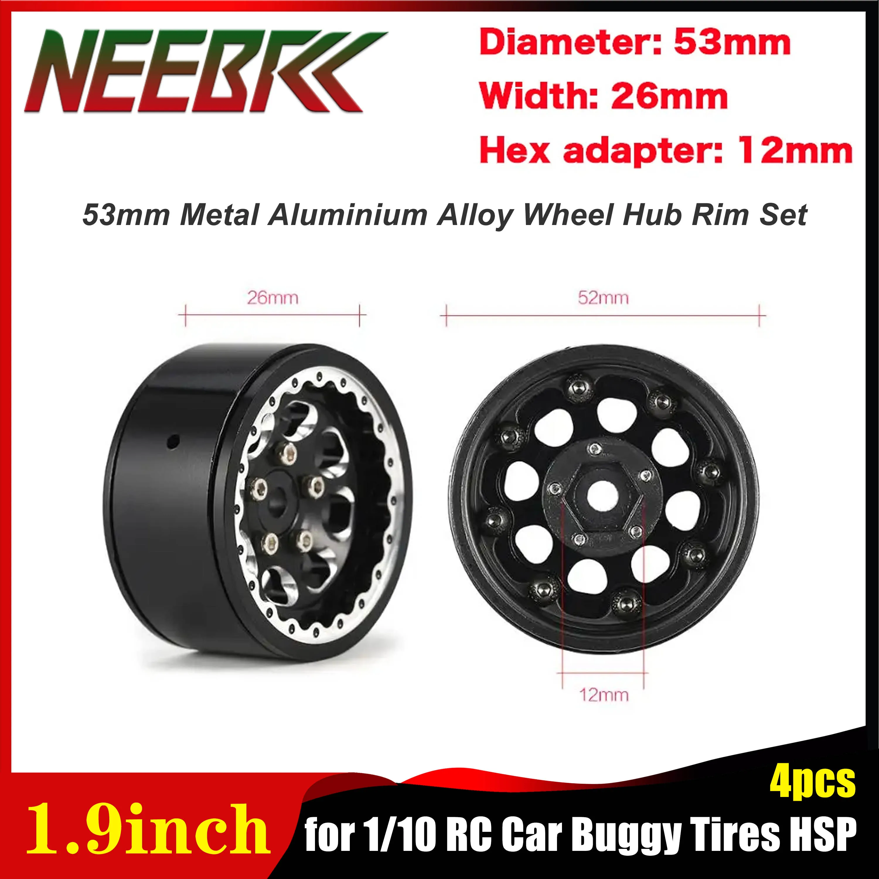 4PCS 1.9inch 53mm Metal Aluminium Alloy Wheel Hub Rim Set 12mm Hex for 1/10 RC Car Buggy Tires HSP Traxxas TRX-4 SCX10 Parts
4PCS 1.9inch 53mm Metal Aluminium Alloy Wheel Hub Rim Set 12mm Hex for 1/10 RC Car Buggy Tires HSP Traxxas TRX-4 SCX10 Parts