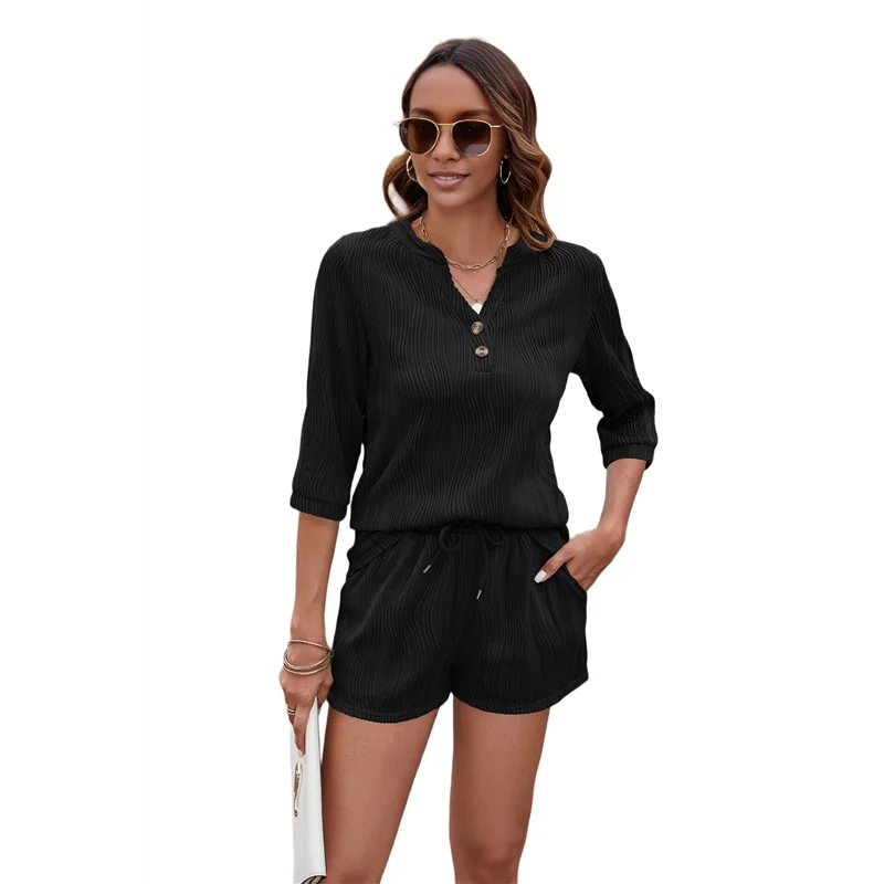 CGS-Женская однотонная свободная футболка с v-образным вырезом и средними рукавами, комплект шорт с карманами
CGS-Женская однотонная свободная футболка с v-образным вырезом и средними рукавами, комплект шорт с карманами