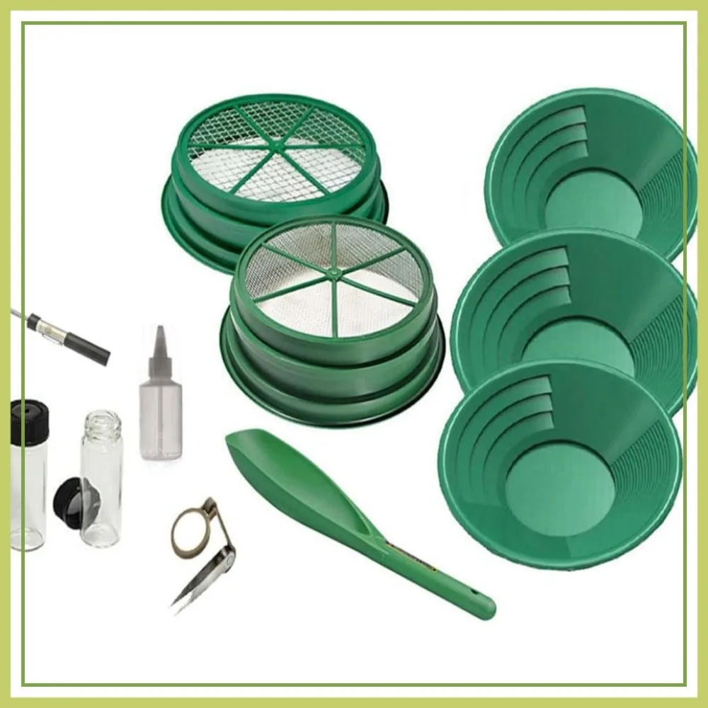 11-Piece Gold Panning Kit: Pans, Sieves, Tweezers, Glass Bottles, Sand Magnet - Prospecting Set for Beginners & Enthusiasts
11-Piece Gold Panning Kit: Pans, Sieves, Tweezers, Glass Bottles, Sand Magnet - Prospecting Set for Beginners & Enthusiasts