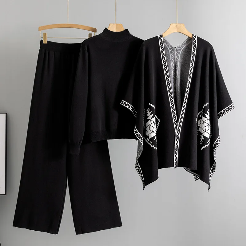 Casual Knitted Three-Piece Set for Women Autumn Winter New Style Solid Lazy Fashion Wide Leg Pants Shawl Cowl Neck Sweater B650
Casual Knitted Three-Piece Set for Women Autumn Winter New Style Solid Lazy Fashion Wide Leg Pants Shawl Cowl Neck Sweater B650