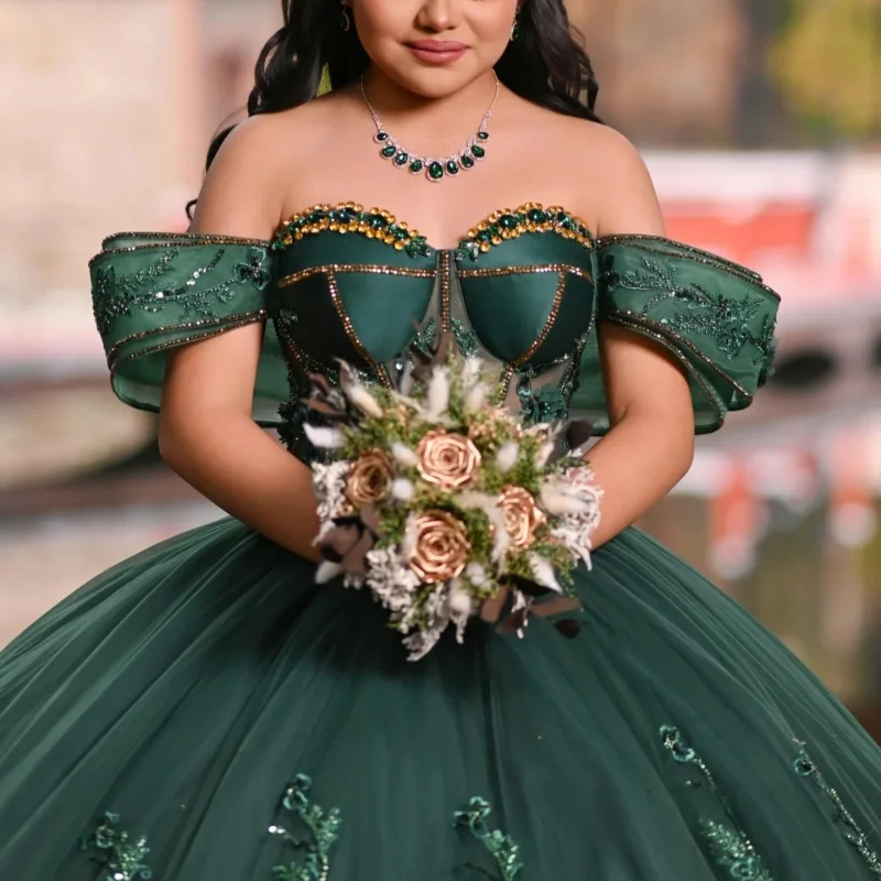 Simple Dark Green Quinceanera Dresses Off the Shoulder Glitter Crystal Decal Long tail Vestido De 15 Quinceanera Customize
Simple Dark Green Quinceanera Dresses Off the Shoulder Glitter Crystal Decal Long tail Vestido De 15 Quinceanera Customize