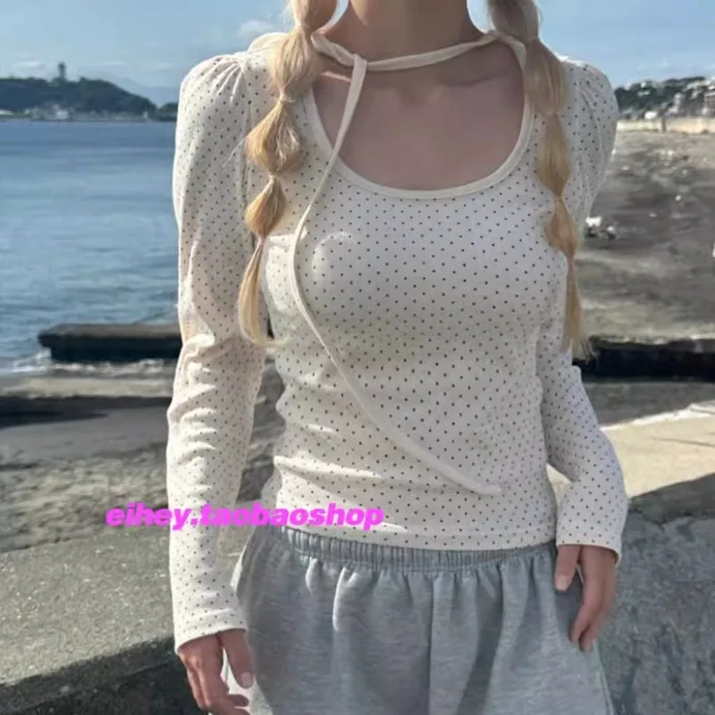 Korean Retro O-neck Lace Up Casual Long-sleeved T-shirt Women 2025 Spring New Streetwear Polka Dots Sexy Slim All Match Tops
Korean Retro O-neck Lace Up Casual Long-sleeved T-shirt Women 2025 Spring New Streetwear Polka Dots Sexy Slim All Match Tops