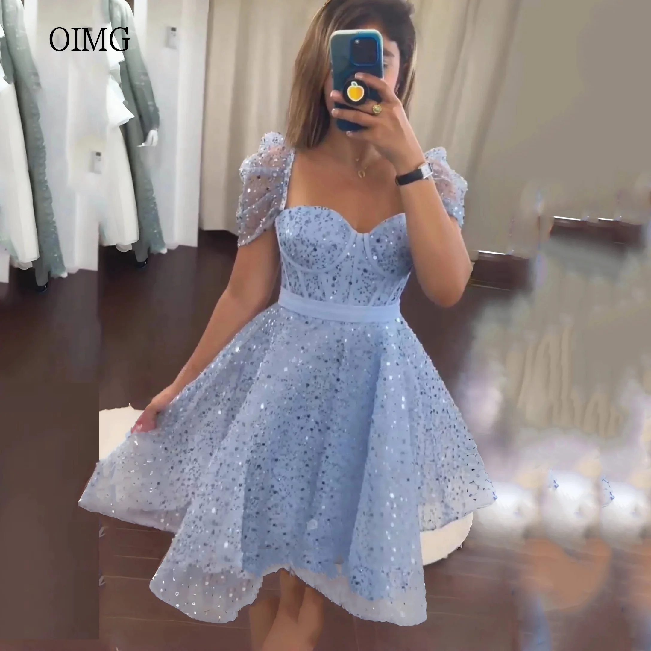OIMG Sequined Sky Blue A Line Prom Gowns Sweetheart Neck Evening Dress Knee Length Homecoming Dress 2025 Customized
OIMG Sequined Sky Blue A Line Prom Gowns Sweetheart Neck Evening Dress Knee Length Homecoming Dress 2025 Customized