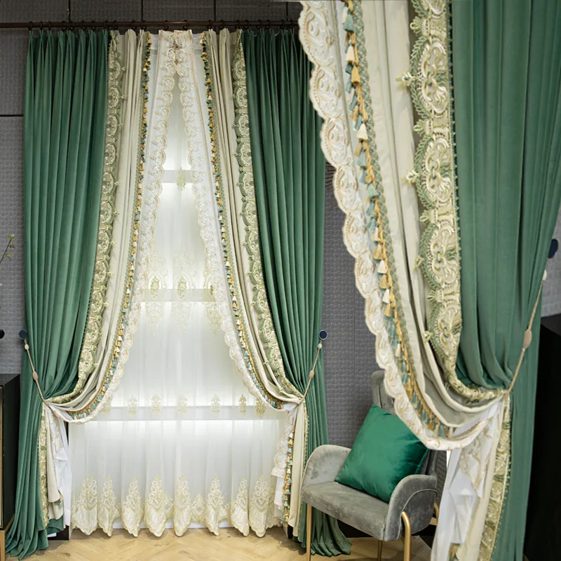 French light luxury lace patchwork blackout green velvet curtains Curtains for Living dining room bedroom
French light luxury lace patchwork blackout green velvet curtains Curtains for Living dining room bedroom