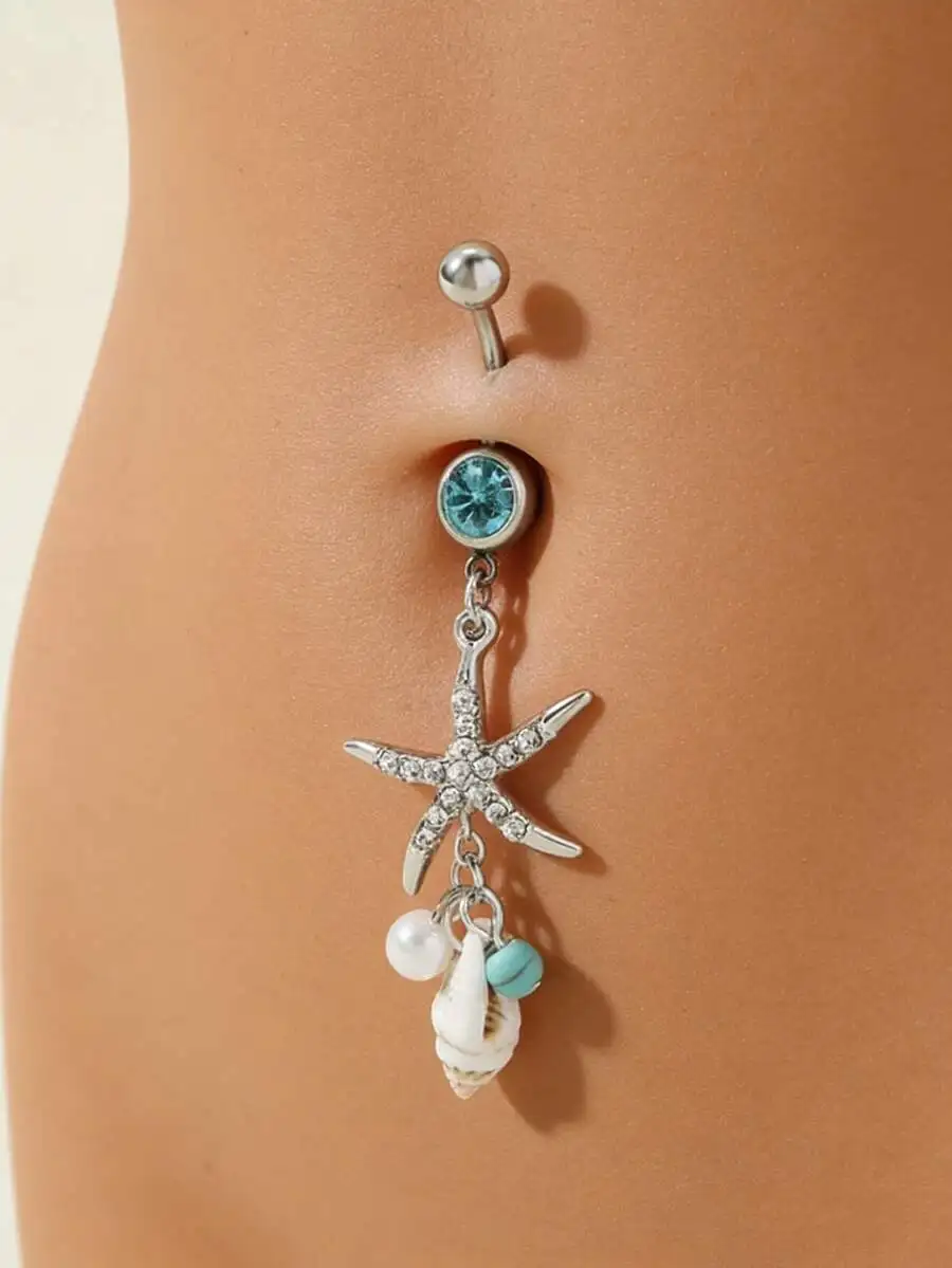 Turquoise Crystal Starfish Dangle Navel Ring With Pearl And Seashell Charm For Beach Or Everyday Use
Turquoise Crystal Starfish Dangle Navel Ring With Pearl And Seashell Charm For Beach Or Everyday Use