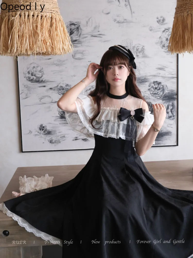 Sweet Elegant Japanese Original Black Clear Double-layer Lace Bow Dress One-word Shoulder Waist and Thin Long Dress for Women
Sweet Elegant Japanese Original Black Clear Double-layer Lace Bow Dress One-word Shoulder Waist and Thin Long Dress for Women