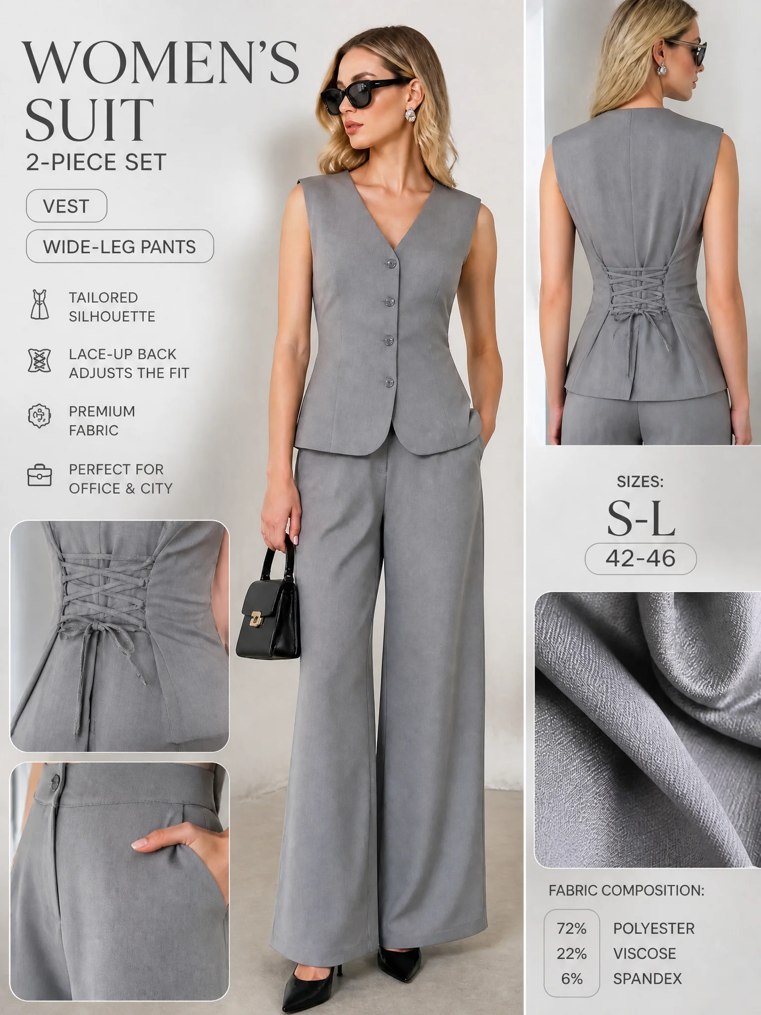 2026 Women's Sleeveless Waist Cinched Two Piece Suit, V Neck Single Button Back Lace Up Vest & High Waist Wide Leg Full Length T
2026 Women's Sleeveless Waist Cinched Two Piece Suit, V Neck Single Button Back Lace Up Vest & High Waist Wide Leg Full Length T