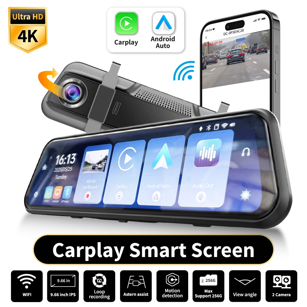 4K UHD Dual Dash Cam with Carplay 9.66"Touch Screen, Voice Control & Night Vision - Front & Rear Cameras 150° Wide Angle
4K UHD Dual Dash Cam with Carplay 9.66"Touch Screen, Voice Control & Night Vision - Front & Rear Cameras 150° Wide Angle