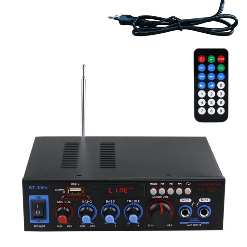 BT-309A Bluetooth 5,0, усилитель для динамиков, 2,0 каналов, автомобильный усилитель мощности, усилитель басов, Hi-Fi, музыкальный плеер с европейской вилкой
BT-309A Bluetooth 5,0, усилитель для динамиков, 2,0 каналов, автомобильный усилитель мощности, усилитель басов, Hi-Fi, музыкальный плеер с европейской вилкой