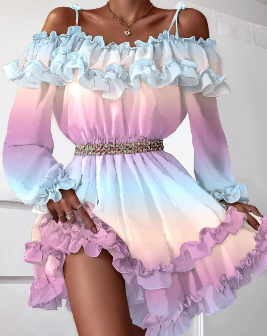 Gradual Print One-Line Collar Slip Short Skirt Women Spring Summer Elegant Sexy Style Long Sleeved Temperament Commuting Dresses
Gradual Print One-Line Collar Slip Short Skirt Women Spring Summer Elegant Sexy Style Long Sleeved Temperament Commuting Dresses