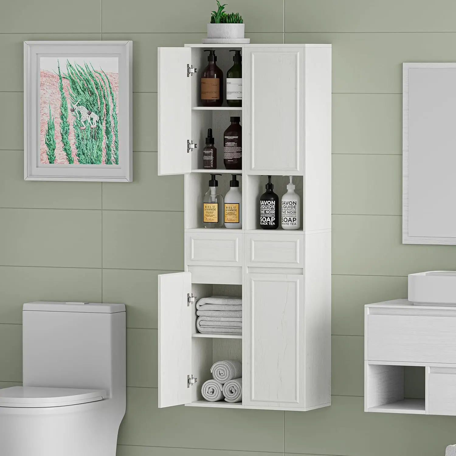 Tall Bathroom Cabinet Wall/Floor 2Door 1Drawer Open Shelf 11.81x11.81x65in White 2PCS, Customized
Tall Bathroom Cabinet Wall/Floor 2Door 1Drawer Open Shelf 11.81x11.81x65in White 2PCS, Customized