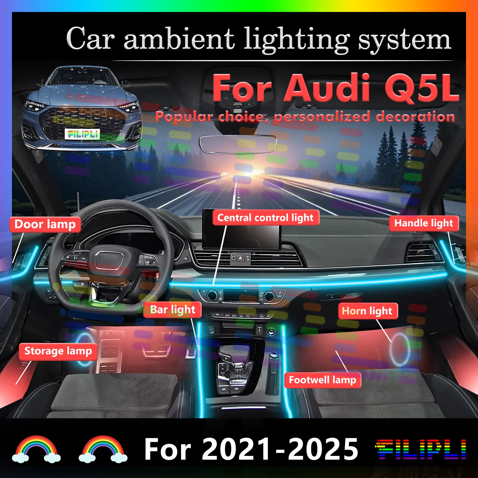 For Audi Q5L Smart Remote Control RGB 64 Colors LED Car Interior Ambient Lights Energy Saving Efficient Lamp Kit
For Audi Q5L Smart Remote Control RGB 64 Colors LED Car Interior Ambient Lights Energy Saving Efficient Lamp Kit