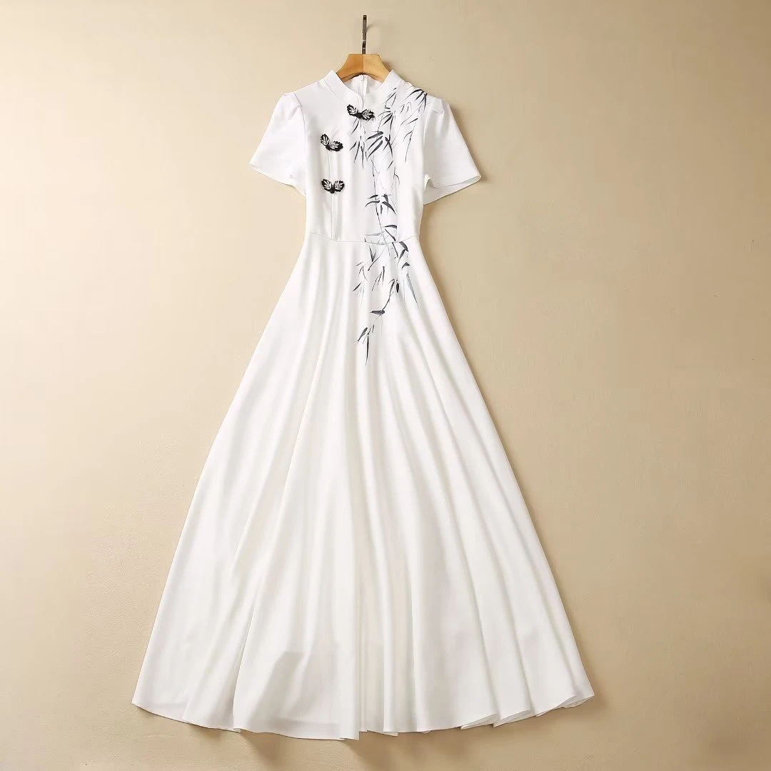 Summer Chinese Style Print Long Cheongsam Dress Women Stand Collar Vintage White Party Dresses Casual Aline Maxi Vestidos Female
Summer Chinese Style Print Long Cheongsam Dress Women Stand Collar Vintage White Party Dresses Casual Aline Maxi Vestidos Female