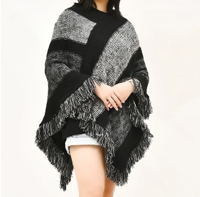 Autumn Winter V-neck Loose Pullover Sweater Tassel Stripe Cape Women Fashion Street Poncho Lady Capes Black Cloaks
Autumn Winter V-neck Loose Pullover Sweater Tassel Stripe Cape Women Fashion Street Poncho Lady Capes Black Cloaks