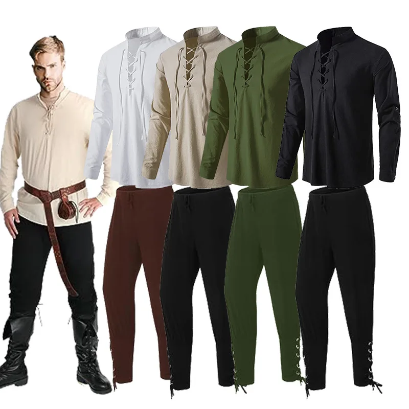 Medieval Renaissance Viking Cosplay Bandage Stand Collar Shirt Top Pirate Pants for Men Blouse Loose Male Casual Costume
Medieval Renaissance Viking Cosplay Bandage Stand Collar Shirt Top Pirate Pants for Men Blouse Loose Male Casual Costume