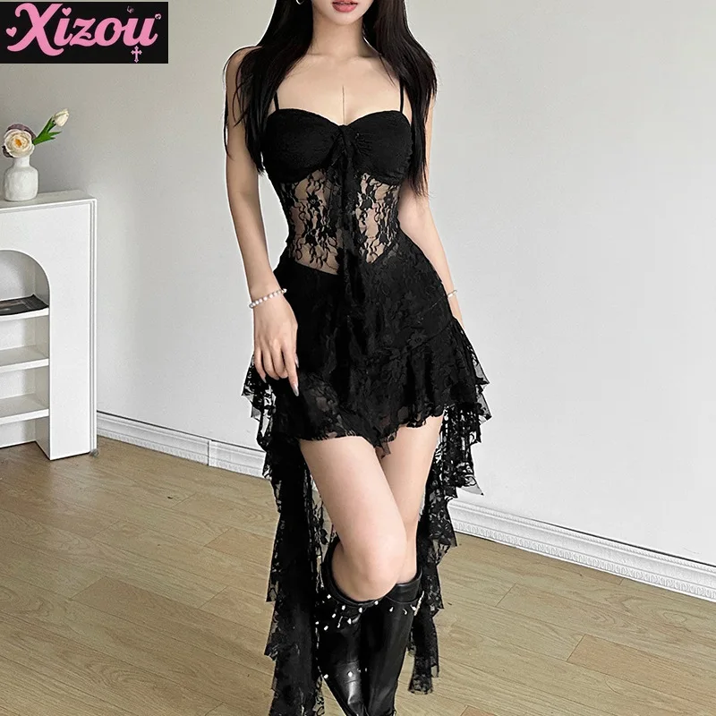 Women Solid Color Slim Fit High Waist Fashion Suspender Halter Lace Dress Sleeveless Irregular Waist Ruffle Edge Slit Black Top
Women Solid Color Slim Fit High Waist Fashion Suspender Halter Lace Dress Sleeveless Irregular Waist Ruffle Edge Slit Black Top