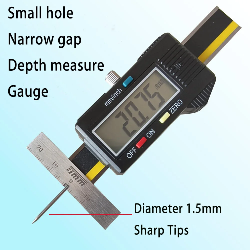 Цифровой глубиномер для измерения небольших отверстий, тонкий измерительный стержень круглого сечения диаметром 1,5 мм, с острыми концами для точного измерения глубины.
Цифровой глубиномер для измерения небольших отверстий, тонкий измерительный стержень круглого сечения диаметром 1,5 мм, с острыми концами для точного измерения глубины.