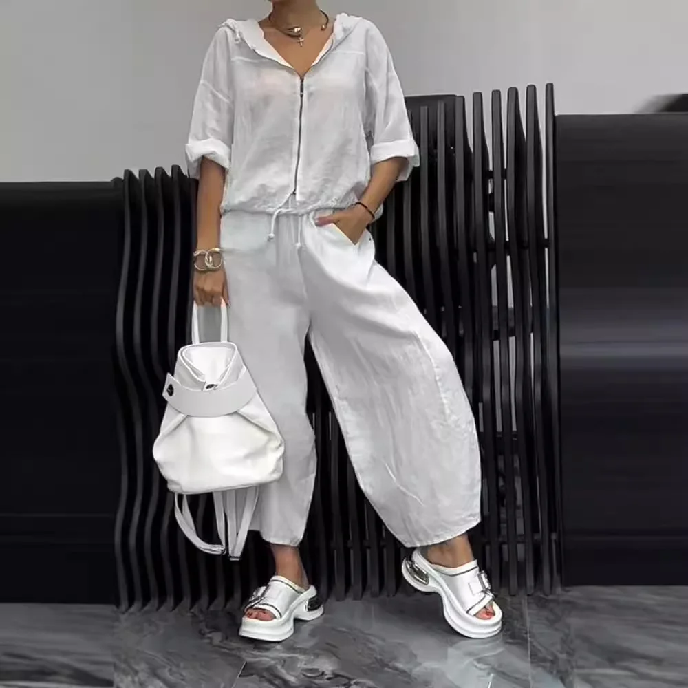 Fashion Solid Color Cotton Linen Suit Loose Zipper Lace Up Top Elastic Waist Trousers Two Piece Set Autumn Ladies New Commuting 
Fashion Solid Color Cotton Linen Suit Loose Zipper Lace Up Top Elastic Waist Trousers Two Piece Set Autumn Ladies New Commuting